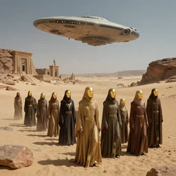 the line of bene gesserit people in full - face golden glowing masks in a dry rocky desert landscape, alien spaceship in the sky, ancient abandoned city beneath the sand, by christopher doyle and alejandro jodorowsky, anamorphic lens, kodakchrome, cinematic composition, very detailed photo, 8 k,