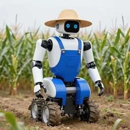 a photo of farming robot wearing a straw hat blue overalls in the corn field, robots, humanoid, chappie, farming, photorealistic, 8 k