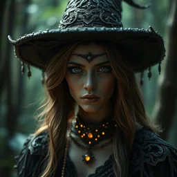 portrait of forest witch, beautiful, attractive, glowing, jaw dropping, magical, dynamic lighting, dark, mystical, 4 k, octane render, age 2 0, background enchanted woods, intricate and ornate, highly detailed, sharp focus! dream portrait of forest witch, beautiful, attractive, glowing, jaw dropping, magical, dynamic lighting, dark, mystical, 4 k, octane render, age 2