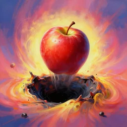 apple falls into black hole becoming warped and stretched around the event horizon, vibrant digital painting