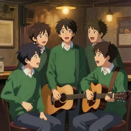 five irishmen in aran sweaters singing in a pub, one is playing an acoustic guitar, highly detailed, digital painting, concept art, sharp focus, by makoto shinkai