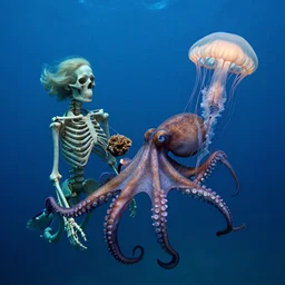 underwater photography of a female human skeleton in symbiosis with an octopus and a jellyfish