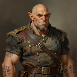 nineteenth century style portrait of a middle aged half orc with a bemused smile on his face. dressed in a patchwork military uniform jacket with cut sleeves, runic arm tattoos, sharp focus, illustration, digital painting, art by magali villeneuve