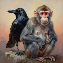painting of hybrid between crow & monkey!!!!, intercrossed animal, mixture animal, by tiffany bozic, by zdzislaw beksinski, organic, logical anatomy, cold hue's, warm tone gradient background, concept art, beautiful composition, digital painting,