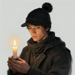 an adventurer wearing a black night cap with a pom pom at the end, holding a candle, portrait, d & d, science fiction, concept art, matte, sharp focus, illustration, concept art, jason chan