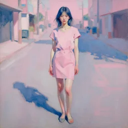 portrait of a beautiful girl, standing in an empty street, hard shadows, rough strokes, shades of pink and blue, by ruan jia, by john chamberlain