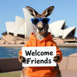 A portrait photo of a kangaroo wearing blue sunglasses and an orange hoodie holding a sign on the chest that says Welcome Friends, he is on sydney opera house and has a sign, subject: kangaroo, subject detail: wearing orange hoodie, wearing blue sunglasses, subject action: holding sign