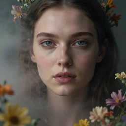 candy clark surrounded by mist and pretty flowers, very detailed, realistic face, detailed face, matte, tonemapping, perfection, 4 k, cushart krenz, cinematic, atmospheric