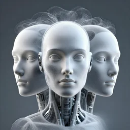 three dimensional face of a robot inspired by data - driven art, generative, particle waves, spirals