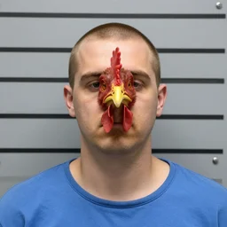 inmate with chicken head, mugshot in a police station