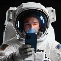 extremely detailed portrait of space astronaut, smart phone in hand, visor reflects phone screen, close shot, dramatic backlight, award winning photo by jimmy nelson