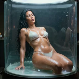film still of kim kardashian inside a glass chamber unconscious, wearing a bikini, slathered in a transparent alien liquid, wet flowing hair, gooey skin, illustration, unreal engine 5, 8 k, directed by h. r. giger.