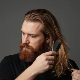 photo of bearded man with long hair combing his hair