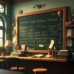 a wholesome animation key shot of a blackboard full of notes like a detective case by studio ghibli, nicoletta ceccoli, mark ryden, lostfish, max fleischer, detailed and intricate environment, bloom, 8 k resolution, hyperrealistic, octane render, vivid colors, bright, cheerful, detailed and intricate environment