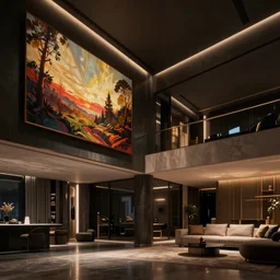looking up at a luxury high tech loft interior, painting by Craig Mullins, interior design, octane rendering, warm moody lighting, wide angle lens, low view, in the style of blade runner
