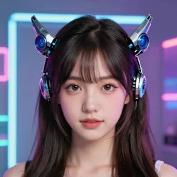 portrait of a cute young woman with robot ears and eyes, 4k, sharp focus, neon colored fluorescent lighting, Andreas Rocha