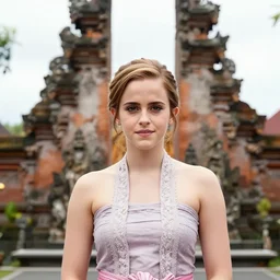 emma watson wearing traditional kebaya bali in bali. iconic holy place in bali. front view. instagram holiday photo shoot, perfect faces