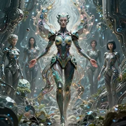 karol bak and ayami kojima tom bagshaw symmetrical full body character portrait of the borg queen of sentient parasitic flowing ai, floating in a powerful zen state, supermodel, beautiful and ominous, wearing combination of mecha and bodysuit made of wires and fractal ceramic, machinery enveloping nature in the background, artstation scifi character digital concept render