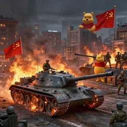 tanks burning city, army, china, winnie the pooh, communist flag, volumetric lighting, unreal engine, realistic