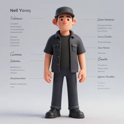 Neil Young design, character sheet, 3d render, Greg Rutkowski, Zabrocki, Karlkka, Jayison Devadas, Phuoc Quan, trending on Artstation, 8K, ultra wide angle, zenith view, pincushion lens effect