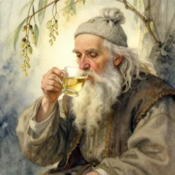 old wise man drinking willowherb tea. watercolor fairytale art, russian romanticism, muted palette, intricate details, backlighting