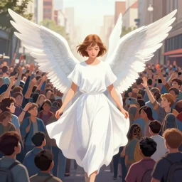 angels protecting crowds of people in the street, movie poster style