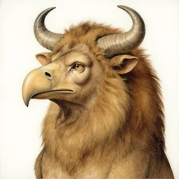a creature with the body and eyes of a man, beak of an eagle, the mane of a lion, two horns of an ox on the head. drawn by leonardo da vinci