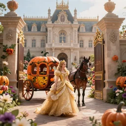 fairytale princess entering the gates of her majestic palace of flowers , with horse driven , carriage made of pumpkins , epic scene unreal render depth of focus blur hyperrealistic detail Star Wars mucha Alice Tim burton fantasy art behance