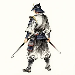 entire body portrait from behind samurai that holds chain art inkstyle brush ink traditional sketch