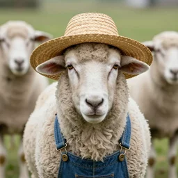photo of a sheep wearing a straw hat and overalls, 4 k