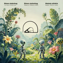 alien landscape by simon stalenhag, beeple, makoto shinkai, digital painting, fibonacci, trending on artstation, beautiful, weird, another universe, alien foliage plants, alien flowers, robot