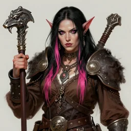 half - orc bouncer, black hair with pink streaks, woman, elaborate jewellery, brown outfit, painted by greg rutkowski, detailed portrait, featured in artstation