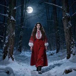 beautiful woman walking in the forest at night. full moon. folk horror. hyper detailed. soviet propaganda socialist realism. snow