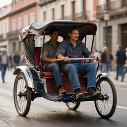 a sharp detailed rickshaw driving through madrid, an epic fantasy, wide shot, ultra realistic, detailed, ( ( depth of field ) ), crisp details, sharp details, photorealism, colorful, cinematic, trending on artstation, masterpiece, by greg rutkowski, studio ghibli, by ross tran, by fenghua zhong, octane, soft render