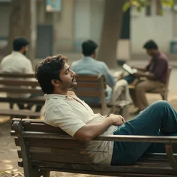 of a cinematic view of vinod relaxing on his bench as other people work