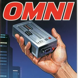 a 1982 cover of OMNI magazine depicting an anatomically correct hand holding an electronic box. Neo-Tokyo. Cyberpunk style art by Vincent Di Fate.