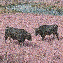 epic scene, concept art by Noah Bredley, highly detailed, two black bull fight on pink a clearing with grass and a river