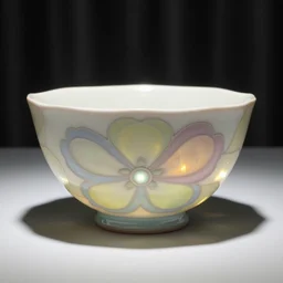 shino yayoi kintsugi ceramic bowl study with bold innovative floral organic shape, pastel colors, individual piece, black curtain background, lacquer, carved lacquer, bokeh, essence, tiny, nightlight, studio lighting, hard lighting
