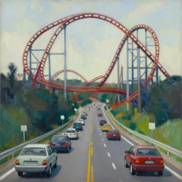 watching traffic on a road that does loop - de - loops like a rollercoaster, a jeffrey smart painting