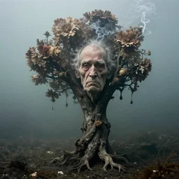 photographic portrait of wrinkly sad max ernst dried melting floral tree with spiraling cigarette smoke, in fog, medium long shot, underwater