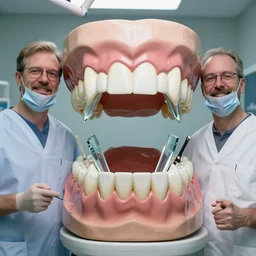 portrait of a dentist with large, giant teeth, fangs, glass shards, daggers, by Mark Brooks and guy denning