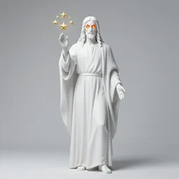 « full length portrait of the white - tailed jesus in a white robe and flame in eyes, seven stars in right hand »