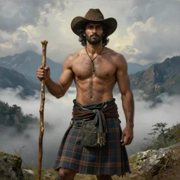 an ethereal dramatic painting of a handsome rugged shirtless desi hiker | he is wearing a plaid kilt and cowboy hat, and holding a wooden pole | background is mountains and clouds | homoerotic, dramatic lighting, realistic, highly detailed | by clyde aspevig, by paul cadmus, by bill ward, by greg rutskowski | trending on artstation