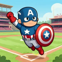 a modern cartoon of jose ramirez as captain america flying around the bases at progressive field