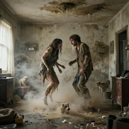 a photograph of a man and a woman in a disgustingly filthy apartment, submerged in vomit, they are mouldy and obviously intoxicated. they have merged with the walls and ceiling, levitating above a cloud of nebulous dogs