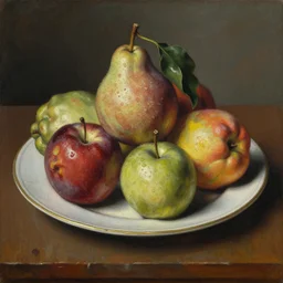 still life, plate with fruit by aurelio bruni, 2 1 th century, art, oil on canvas, wet - on - wet technique, highly realistic, expressive emotions, intricate textures, illusionistic detail, 4 k