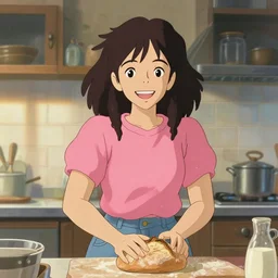 portrait of a smiling woman with dark curly hair in a pink t-shirt shirt and high-rise jeans making sourdough in sunlit kitchen, by studio ghibli
