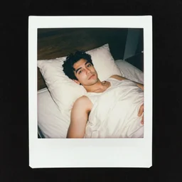 soft polaroid photo of man that just woke up and lying in his bed, cinestill 800t