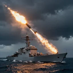 aircraft destroyer firing intercontinental rocket In aa ocean storm, dramatic lighting, cinematic, establishing shot, extremly high detail, foto realistic, cinematic lighting, post processed, concept art, artstation, matte painting, style by eddie mendoza, raphael lacoste, alex ross