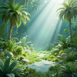 vaporwave oasis, high detail, rendered in unreal engine, 3d render, god rays, volumetric lighting, award winning, vegetation